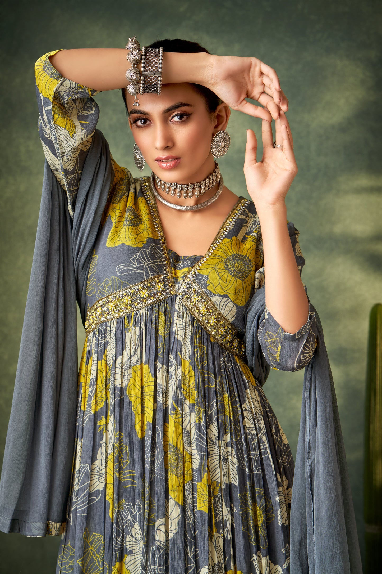 Floral Grey Hand Work Anarkali Gown With Dupatta