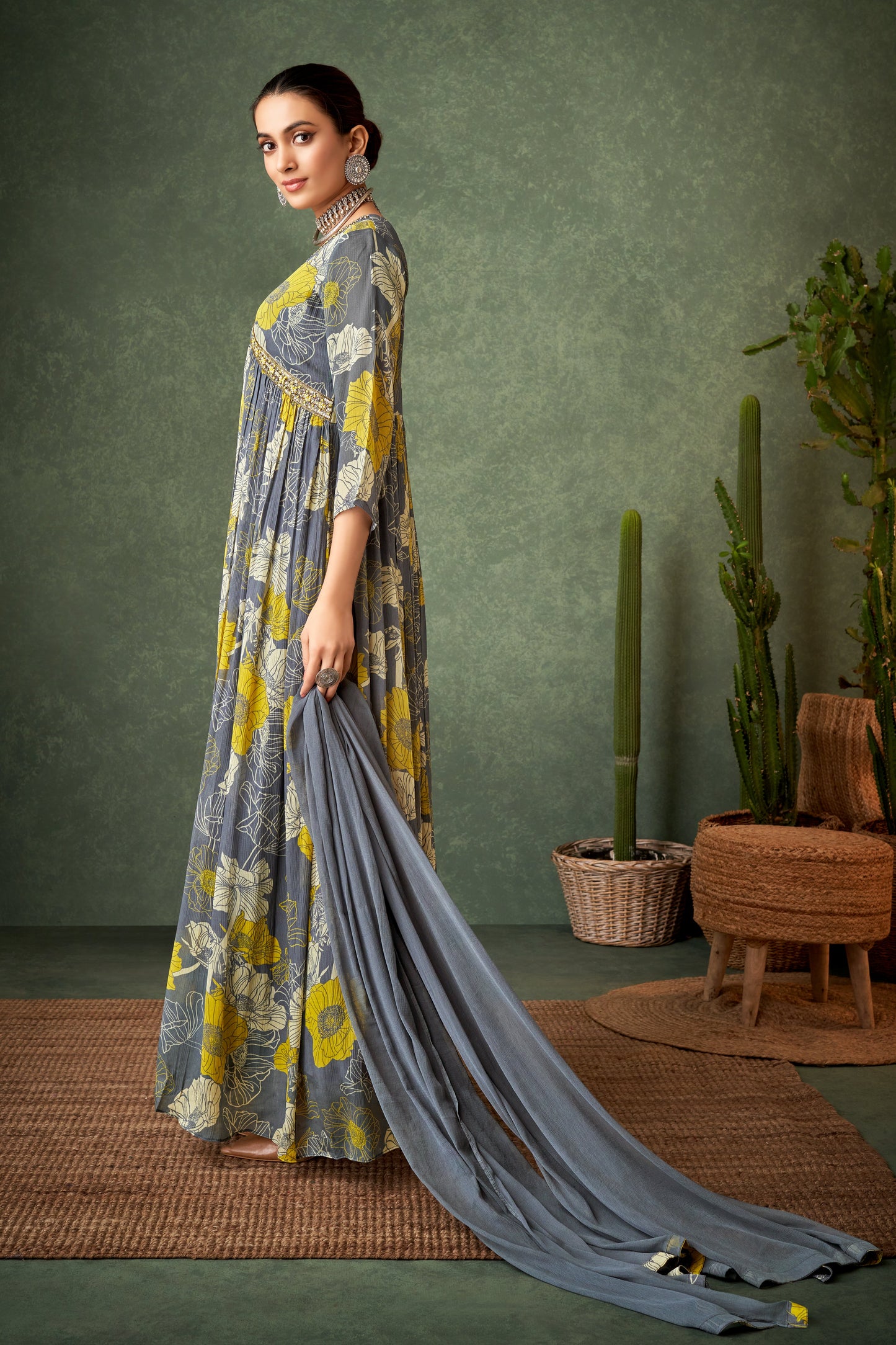 Floral Grey Hand Work Anarkali Gown With Dupatta