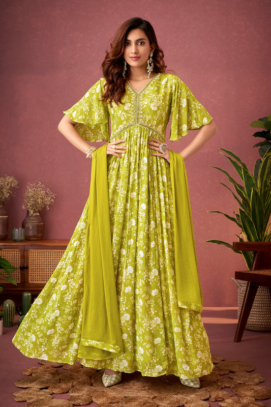 Premroop Green Hand Work Chinon Anarkali Gown Dupatta