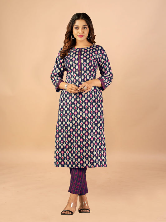 Magenta Straight Cotton Kurti With Pant