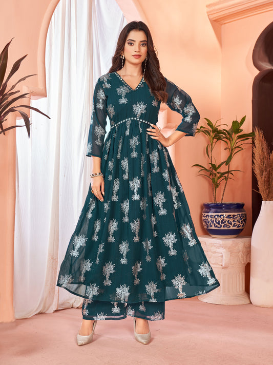 Blue Georgette Anarkali  Kurta With Flare Plazzo Set