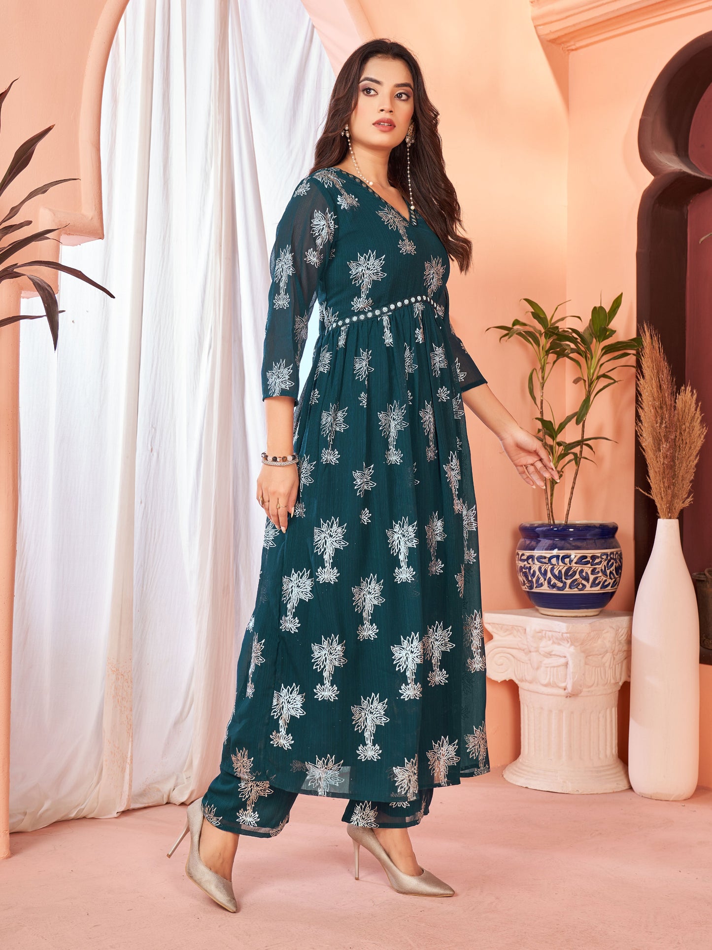 Blue Georgette Anarkali  Kurta With Flare Plazzo Set