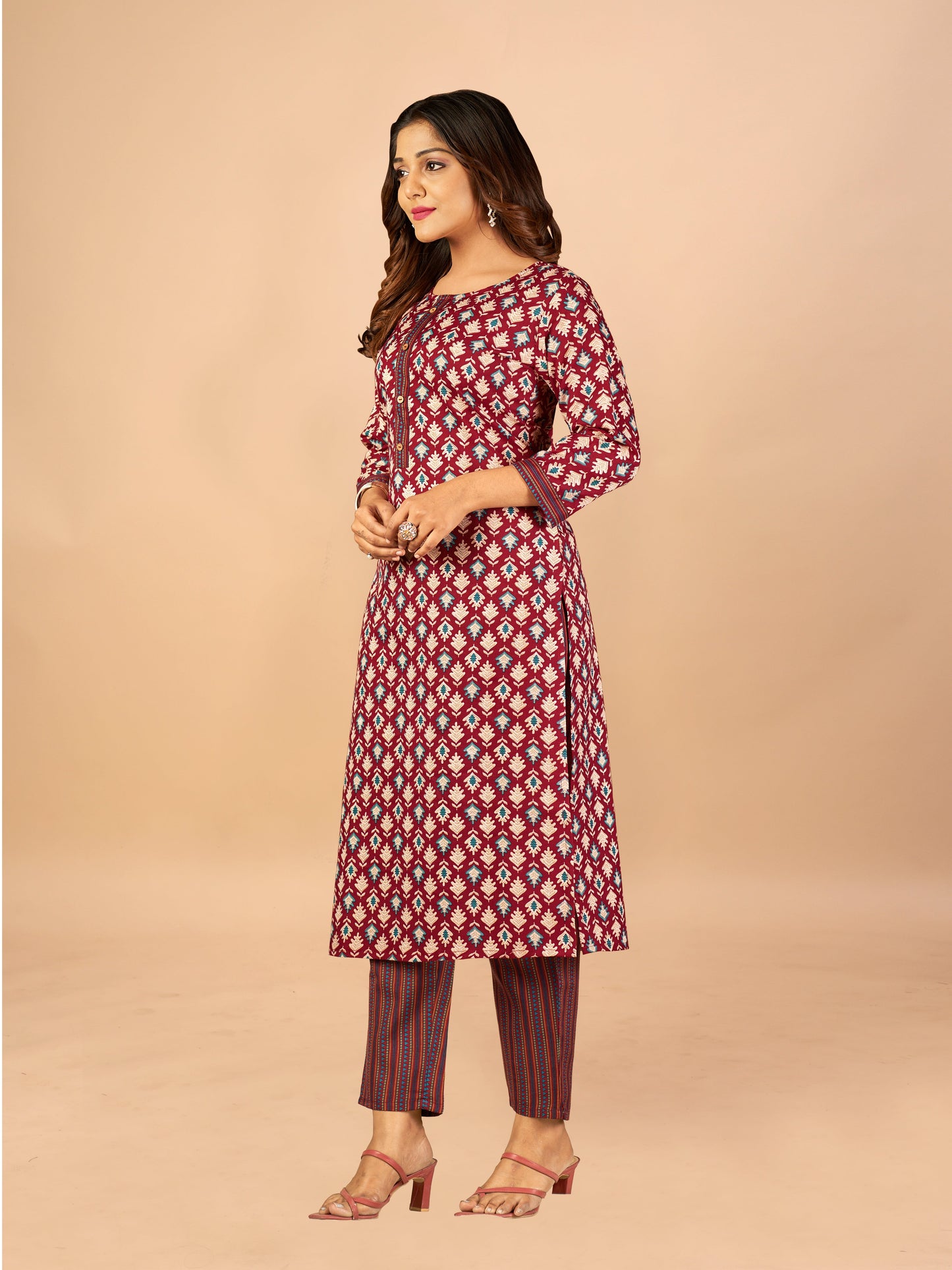 Pink Women Cotton Fabric Straight Kurti with Pant