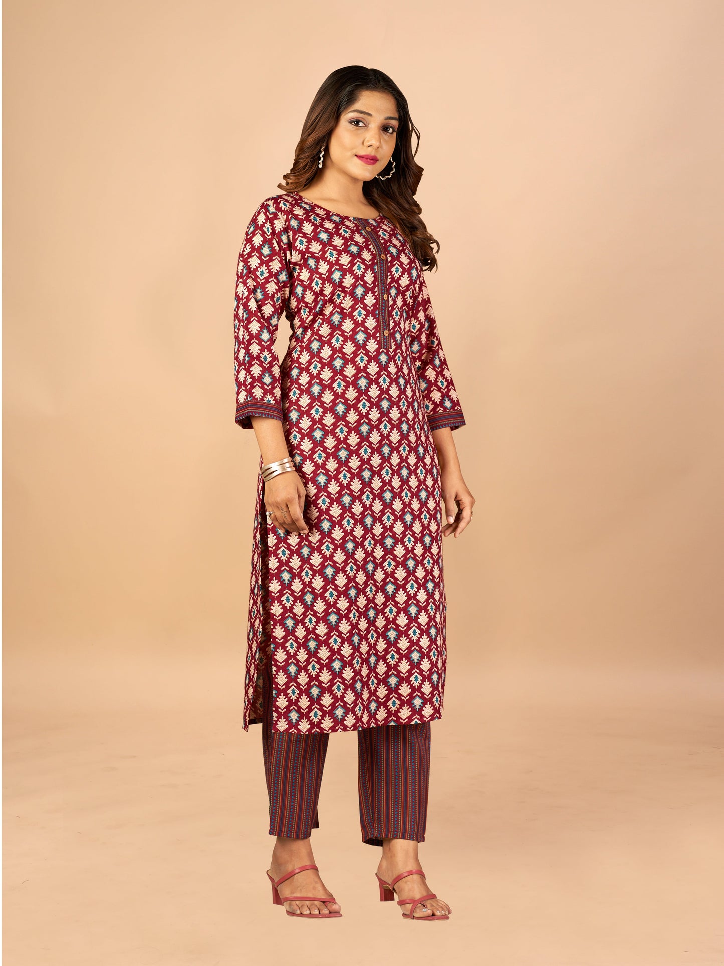 Pink Women Cotton Fabric Straight Kurti with Pant