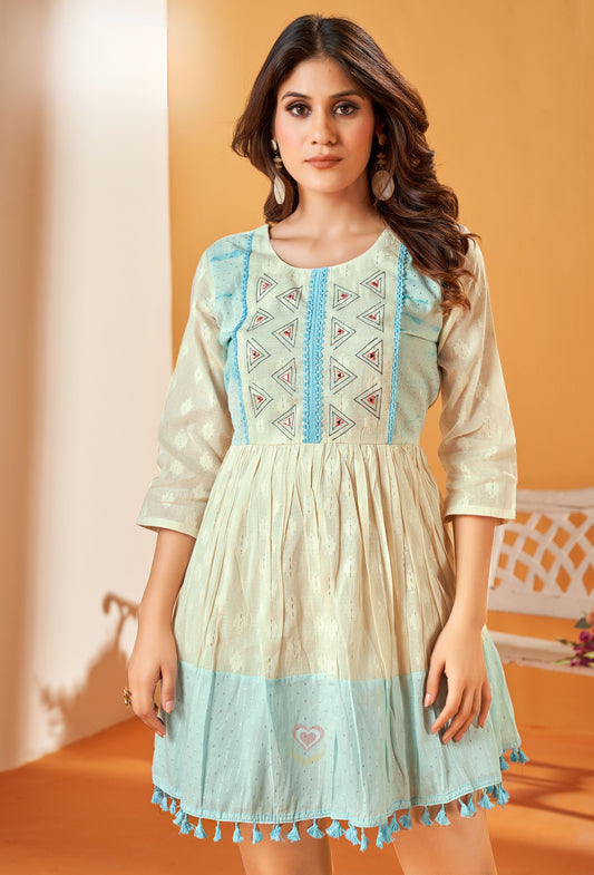 Offwhite Cotton Embroidered A-Line Kurti